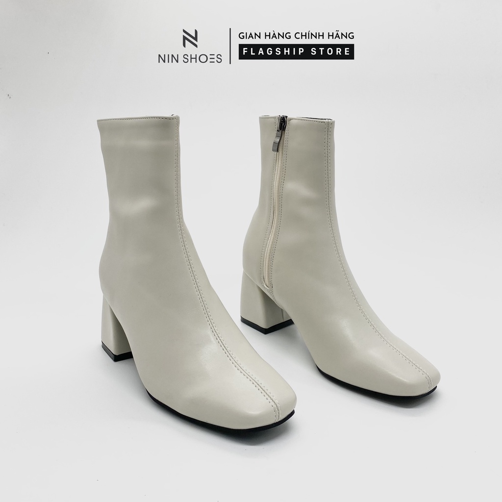 Giày boot nữ cao 5p QCCC cao cổ kéo khóa hông gót vuông da si Ninshoes | BigBuy360 - bigbuy360.vn