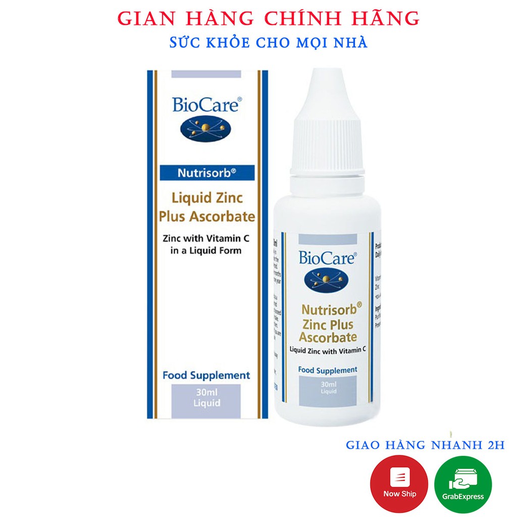 Kẽm Nhỏ Giọt Biocare Liquid Zinc Plus Ascorbate.Bổ Sung Kẽm Cho Bé.Chai 30ml.Xuất Xứ Anh