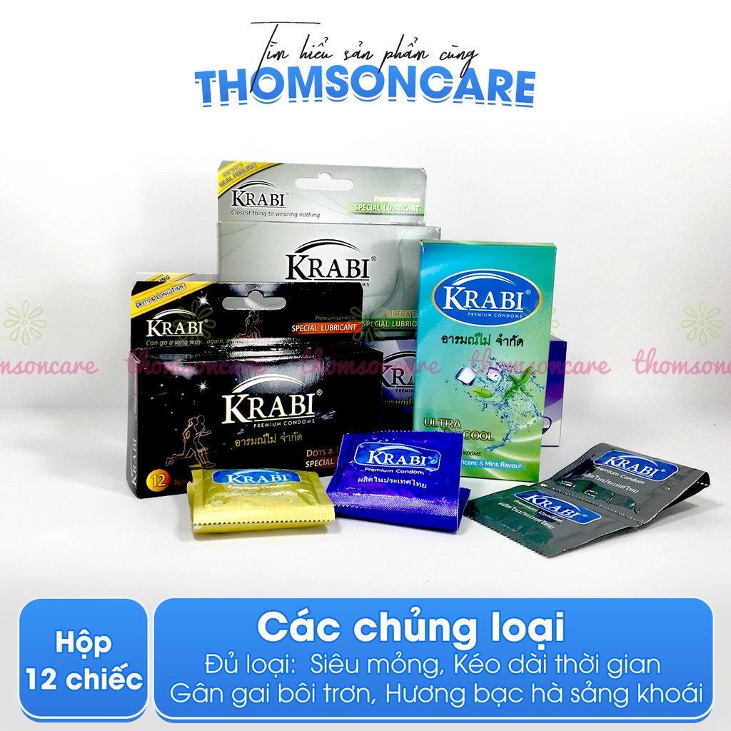 Bao cao su Krabi - bcs gân gai siêu mỏng, kéo dài thời gian bôi trơn, 49mm đôn dên - Hộp 12 chiếc condom từ Thái Lan