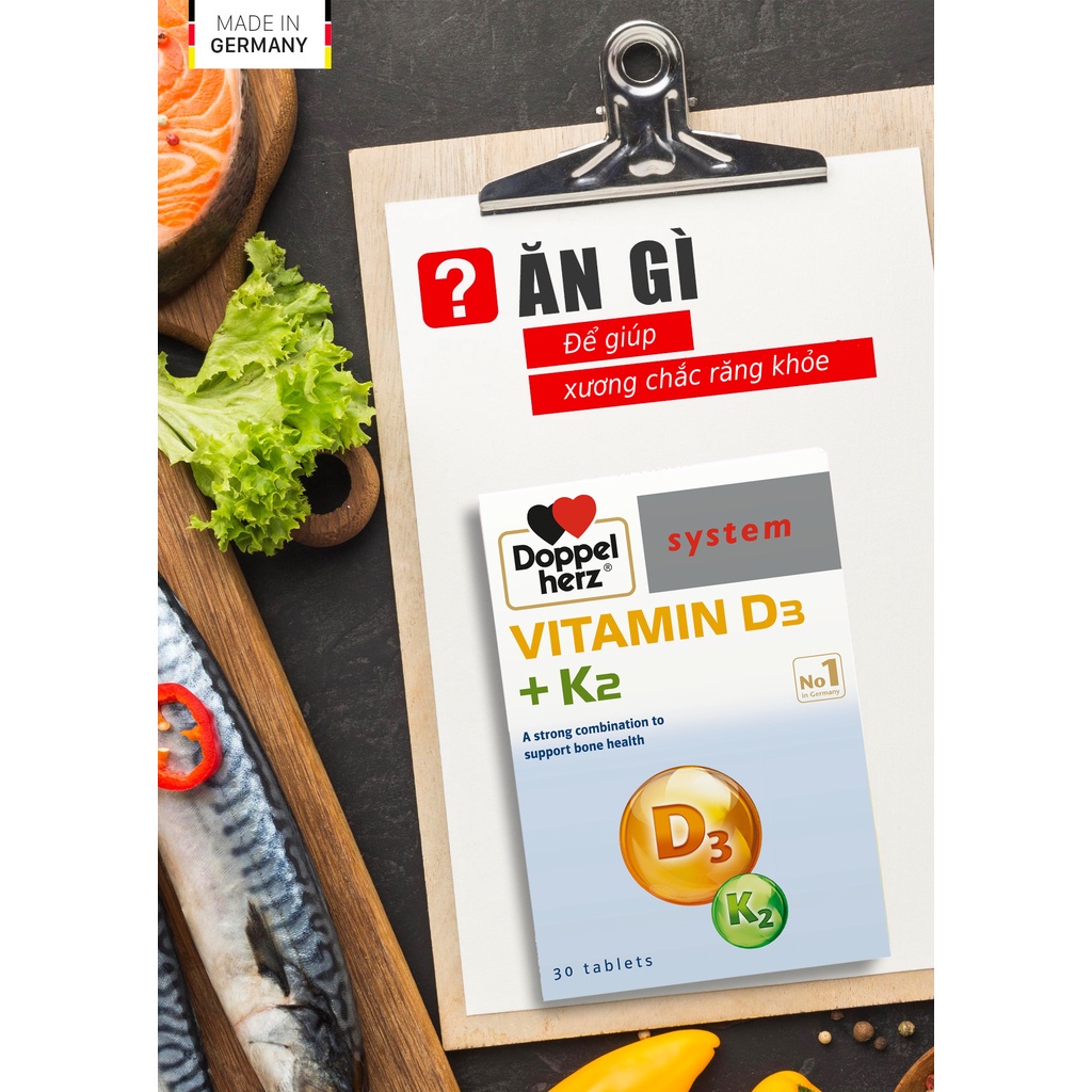 Viên Uống Vitamin D3 Doppelherz Vitamin D3 + K2 Giúp Tăng Cường Hấp Thu Canxi &amp; Giảm Nguy Cơ Loãng Xương (Hộp 30 viên)