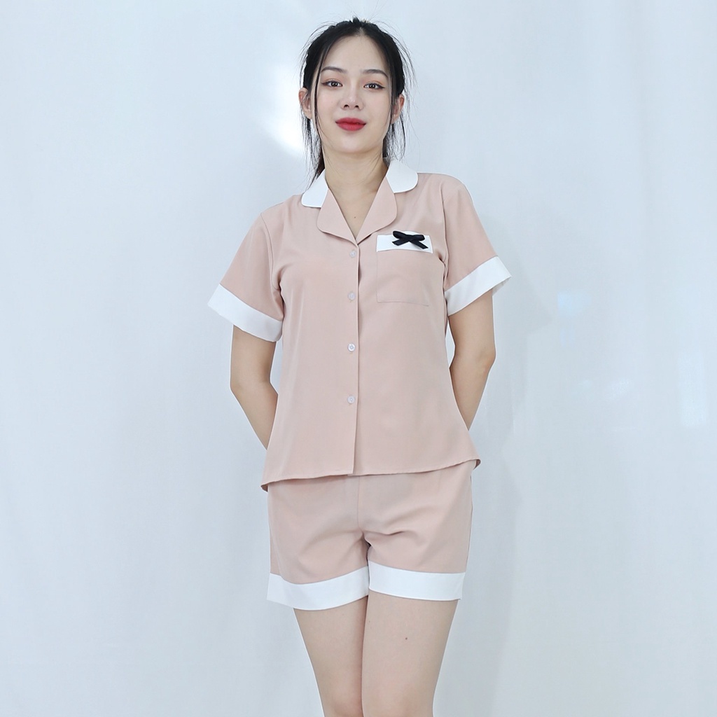Bộ đồ bộ Pijama NGẮN CÀ PHÊ SỮA PHA CỔ TRẮNG ĐIỂM NHẤN NƠ TÚI CỰC XINH vải  lụa cao cấp -  Thoải Mái Nhẹ Nhàng