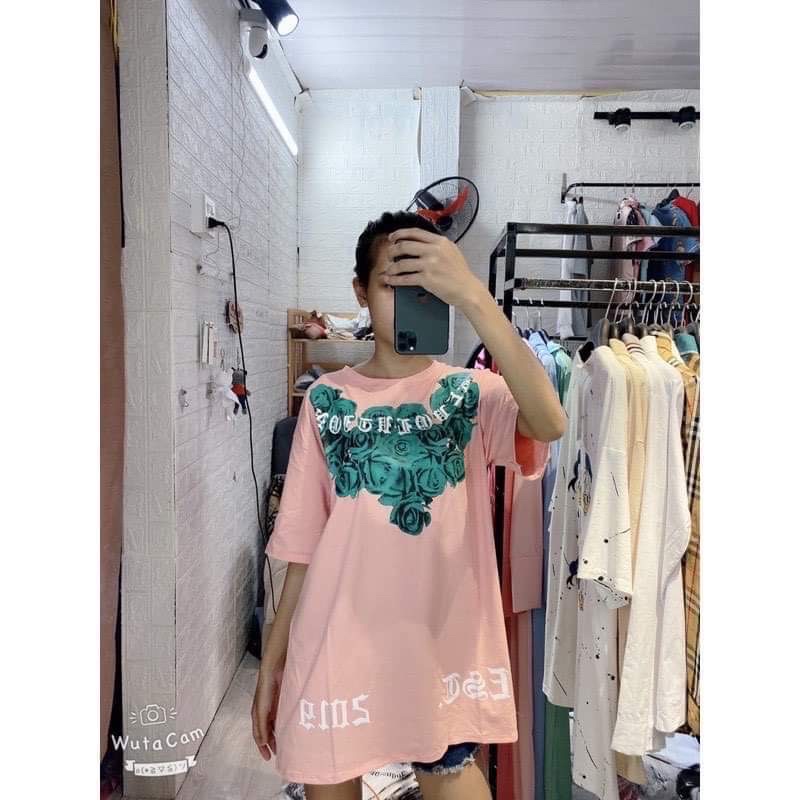 Áo phông hoa hồng xanh chữ vòng cổ H2A868