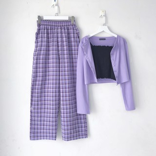 SET ULZZANG - QUẦN CARO ỐNG RỘNG + ÁO HAI DÂY + CROPTOP TAY DÀI - PALID PANT - CROPTOP ULZZANG - CROPTOP GÀI NÚT