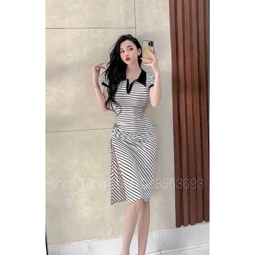 Đầm trụ sọc rút dây một bên chất thun gân thích hợp đi chơi đi tiệc