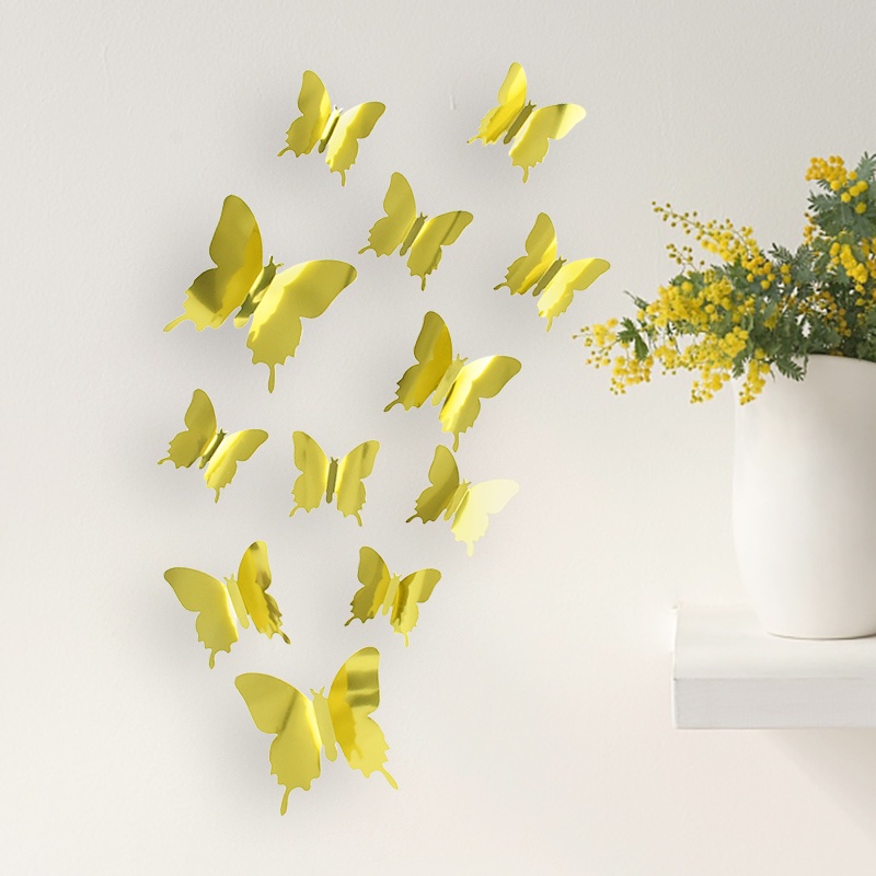 Set 12 Miếng Dán Hình Bướm Hiệu Ứng Gương 3D 3 Kích Thước Dùng Để Trang Trí Nội Thất