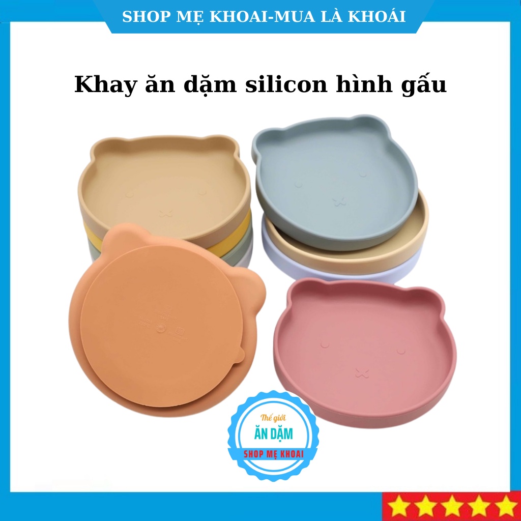 Khay ăn dặm silicon hình gấu có đế hút chân không chống đổ an toàn cho bé