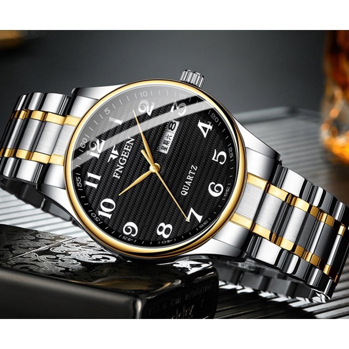 Đồng hồ nam FNGEEN F9 mặt số tròn có lịch thứ lịch ngày dây thép không gỉ