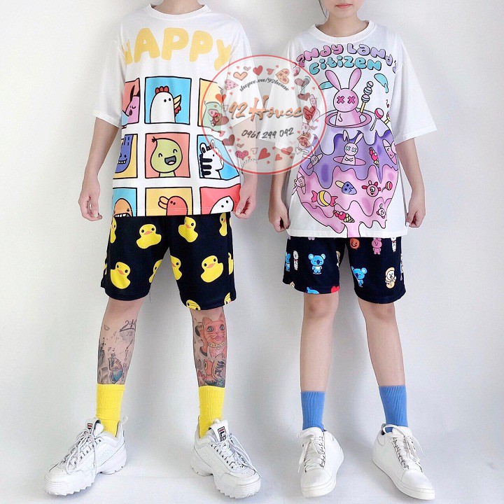 Đồ bộ hoạt hình unisex happy quần đen form rộng tay lỡ freesize đồ mặc nhà