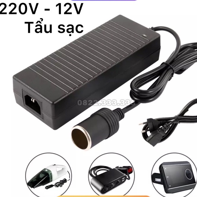 Adapter chuyển nguồn 220V-12V đầu ra tẩu sạc, công suất lớn 120w , 12v -10a, phích cắm 2 chân Carhome