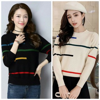 Áo len nữ cổ tròn sọc ngan họa tiết dệt kim cao cấp by4438