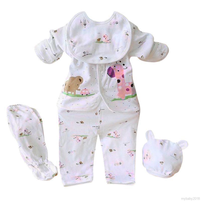 Set 5 món quần áo ngủ + yếm + mũ bằng cotton cho bé sơ sinh