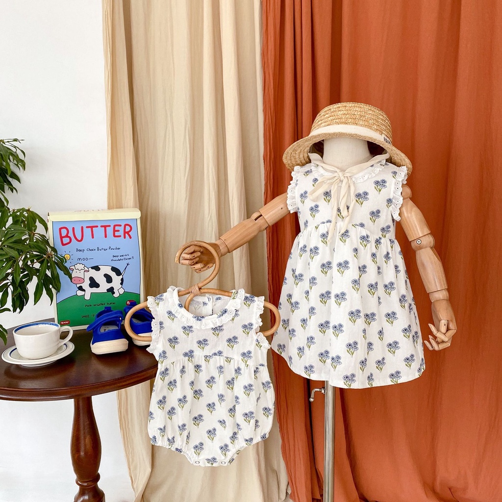 Bộ Áo Liền Quần Sát Nách Vải cotton Phối Ren Hoa Dễ Thương Cho Bé Gái