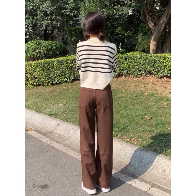 Quần ống rộng dáng suông nữ cạp cao, quần jeans kaki ống đứng trơn nâu hót 2022