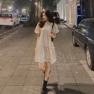 Váy cổ vuông dáng babydoll đũi lụa sang chảnh