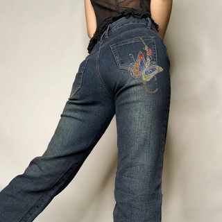 Quần ống loe denim cạp thấp thêu