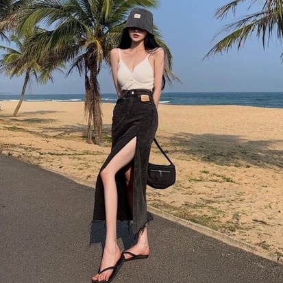 Chân váy jeans form dài phối xẻ tà cao cấp có 2 Size S M L | BigBuy360 - bigbuy360.vn