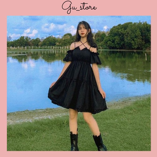 [ Có Ảnh Thật ] Váy Đen Hai Dây Ngực Trễ Vai Buộc Cổ Chất Liệu Đũi Dày Dặn Hot Trend GU Store mã122