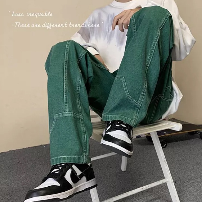 Quần Jean Dài Màu Xanh Lá Đậm Phong Cách Hip Hop Mỹ Cá Tính Cho Nam