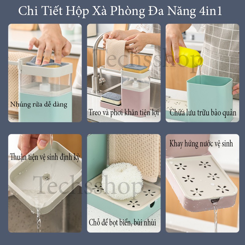 Hộp Đựng Và Bơm Nước Rửa Chén Có Thanh Treo Khăn Và Khe Hứng Nước Trong Nhà Bếp Đa Năng 4in1 - Tặng Miếng Bọt Biển