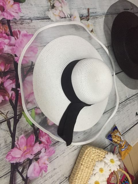 Mũ cói đi biển vành siêu rộng viền lưới cực sang chảnh