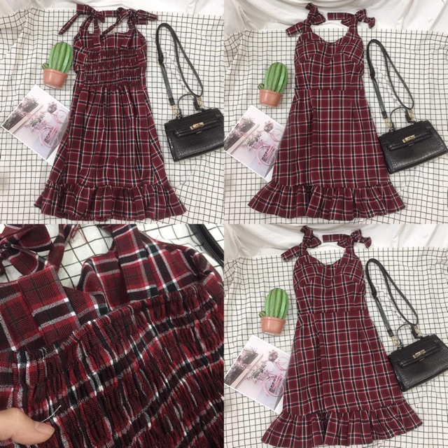 ĐẦM MARIKO CARO - ĐẦM 2 DÂY CARO ĐỎ SIÊU XINH