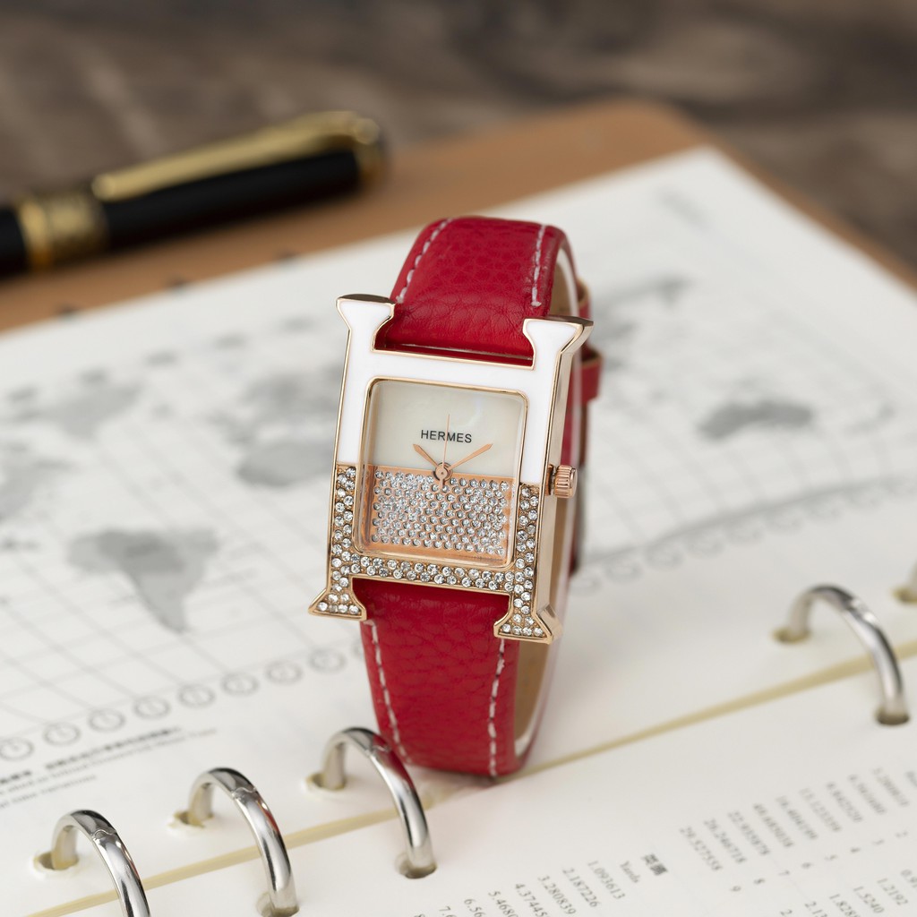 Đồng hồ nữ Hermes dây da mặt vuông đính đá cao cấp full box tặng hộp pishop - DHN02 shop447 | BigBuy360 - bigbuy360.vn
