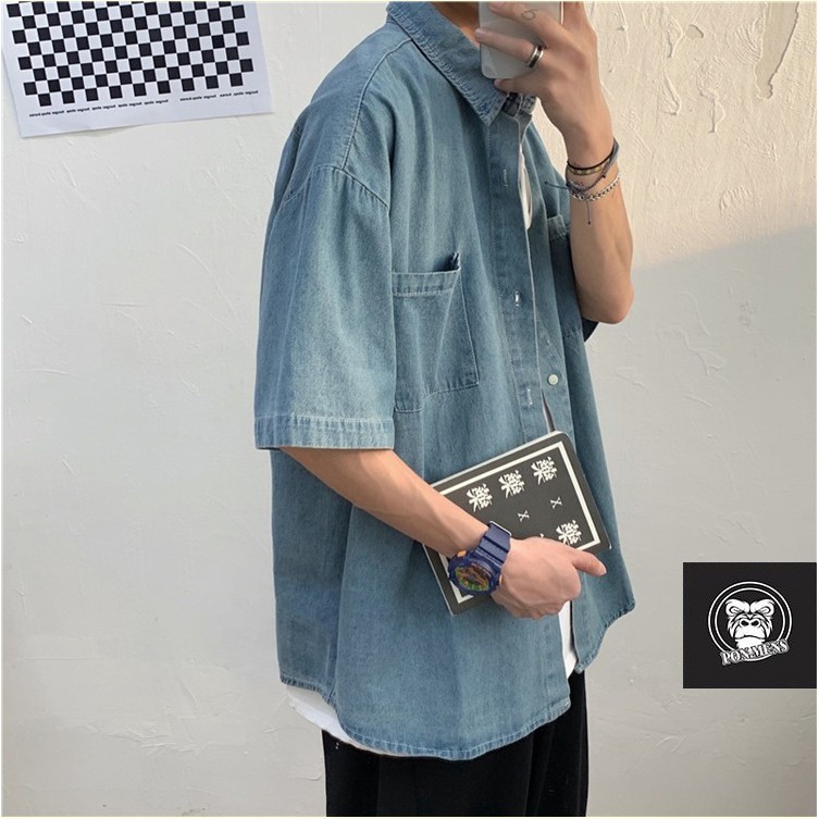 Áo sơ mi jean nam form rộng tay lỡ phong cách Hàn Quốc 2021