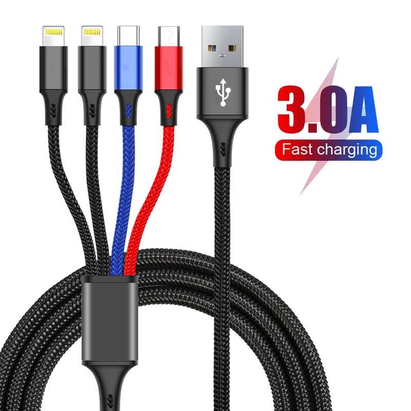 Cáp sạc 4 trong 1 chất liệu nylon bện bền bỉ giao diện lightning/USB type C/Micro USB tiện dụng