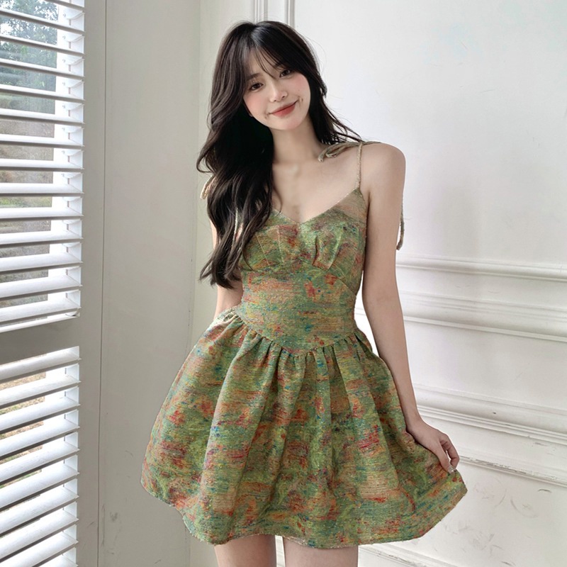 Đầm Hai Dây Cổ Chữ V In Họa Tiết Sơn Dầu Phong Cách Hàn Quốc Cổ Điển Thời Trang Cho Nữ