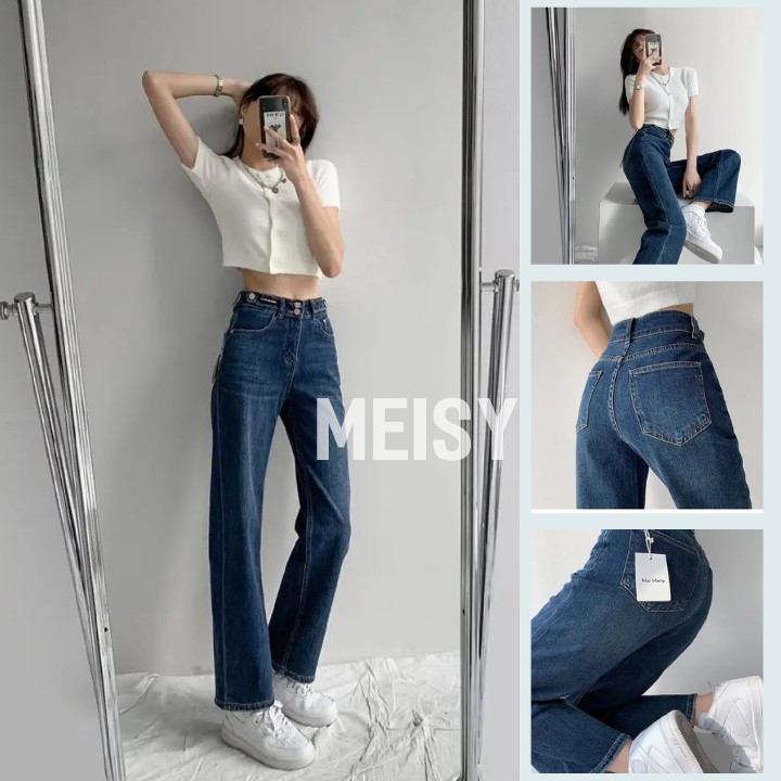 Quần Jean Nữ Màu Xanh Đậm Ống Rộng Cạp Lưng Cao 2 Cúc Phong Cách Ulzzang (Meisy) | WebRaoVat - webraovat.net.vn