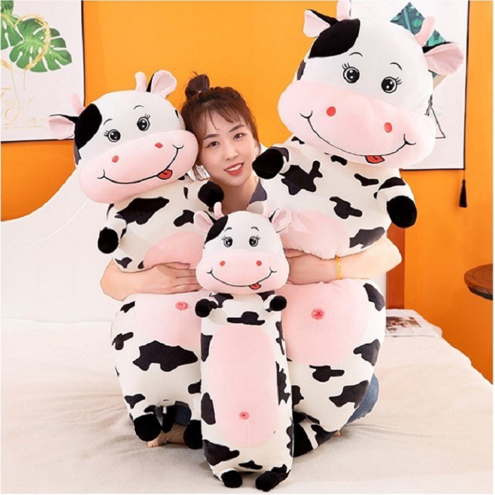 Gấu Bông Gối Ôm Thú Nhồi Bông Bò Sữa 🐄Vải Nhung🐄 Mềm Mịn Lót Bông Gòn Căng Tròn-MH06