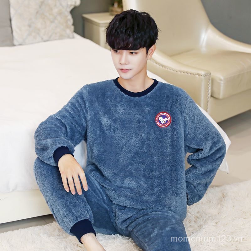 Bộ đồ ngủ mặc ở nhà vải lông cừu san hô dày giữ ấm trong mùa thu và mùa đông phong cách Hàn Quốc dành cho bạn nam
