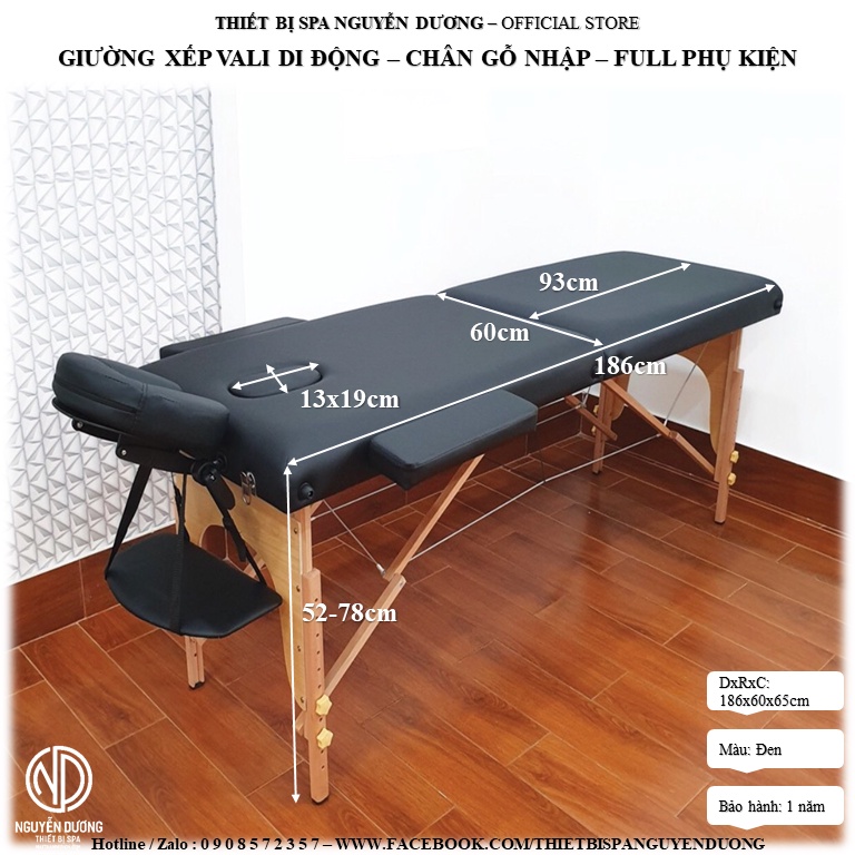 [Có sẵn] Giường Xếp Vali Phun Xăm Chân Gỗ - Spa, Nối Mi, Phun Xăm, Tatoo, Massage Trị Liệu