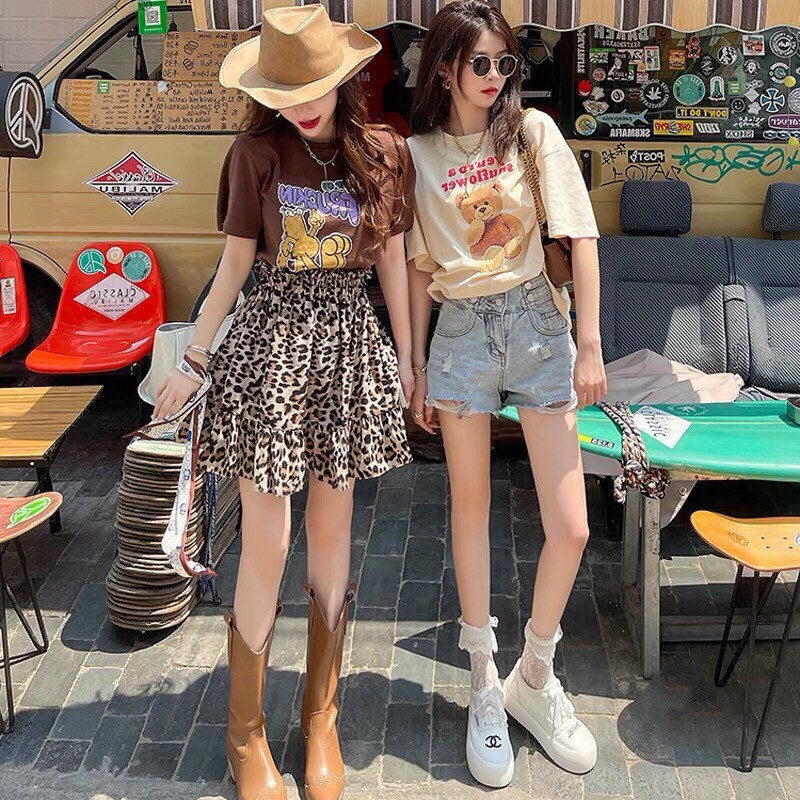 SET ÁO THUN NÂU MIX CHÂN VÁY DA BÁO - Set Váy Áo Chữ Hoạt Hình Chân Váy Xòe Họa Tiết 2 Lớp