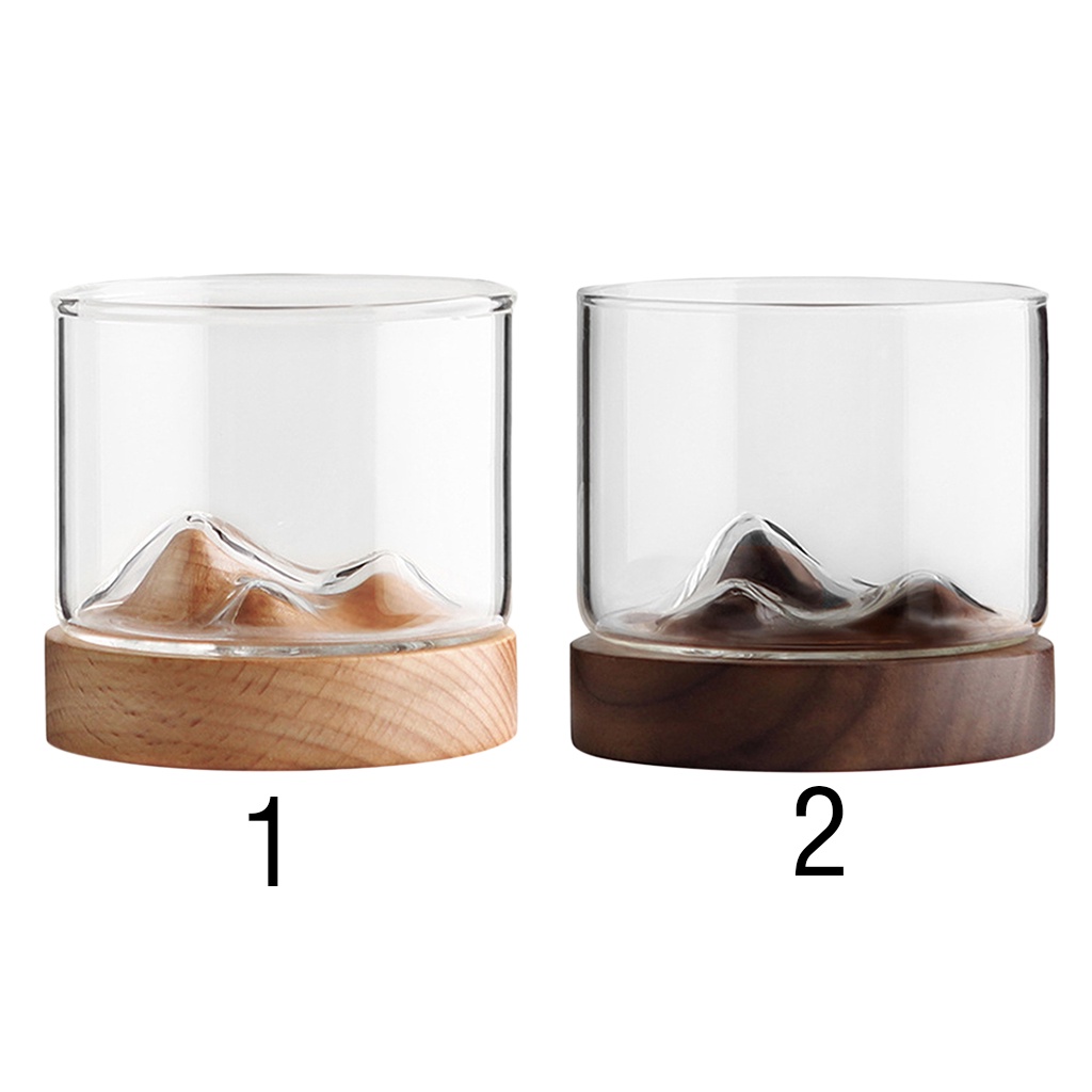 Cốc uống nước/cà phê bằng thủy tinh với đế gỗ thiết kế hình ngọn núi sáng tạo dung tích 120ml