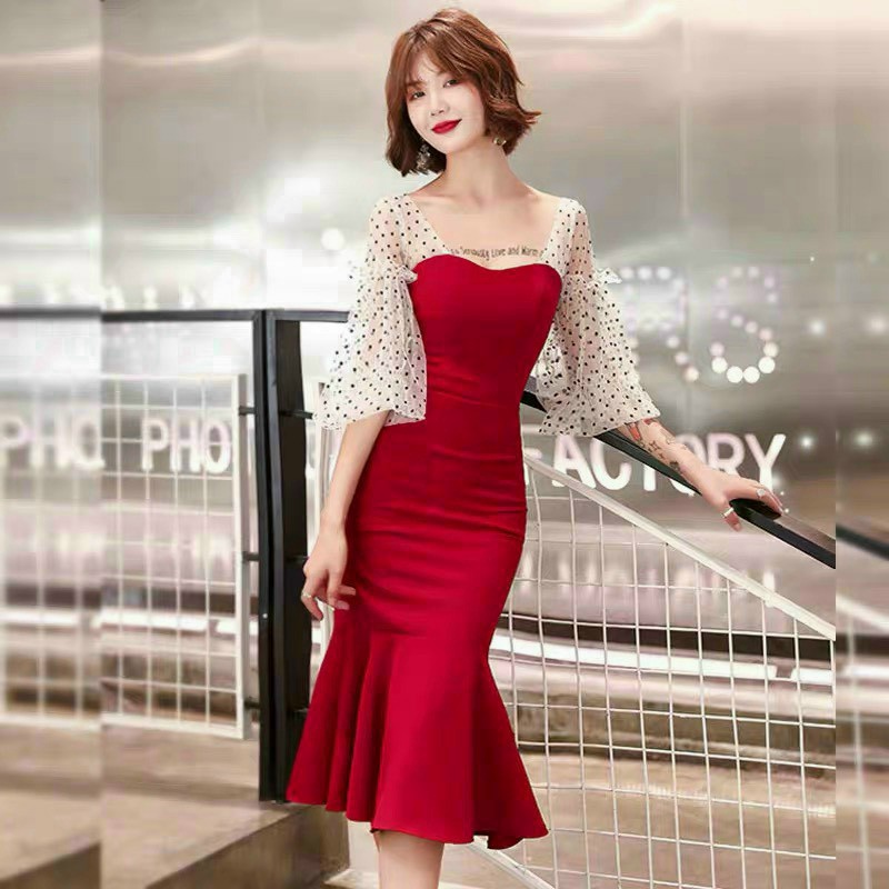 Đầm Đuôi Cá Đỏ Chất Liệu Mango Phối Lưới Tay Mặc Đẹp Tôn Dáng Yêu Kiều [NEW UNISEX]