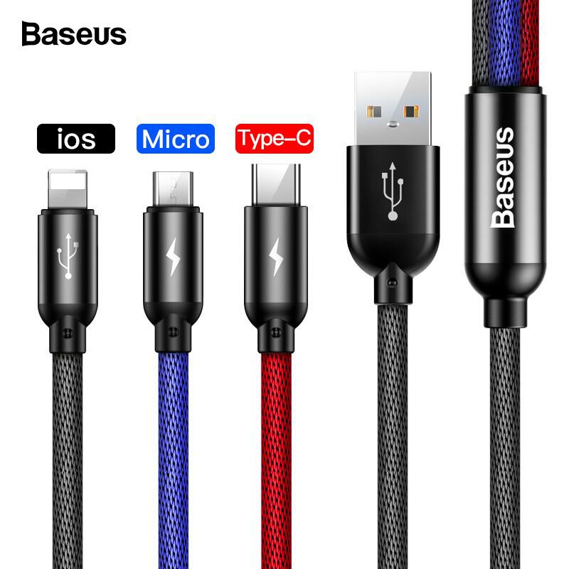 Cáp sạc Baseus Three Primary Colors 3 in 1 (Lightning+Type-C+Micro) sạc nhanh 3.5A, dài 30cm