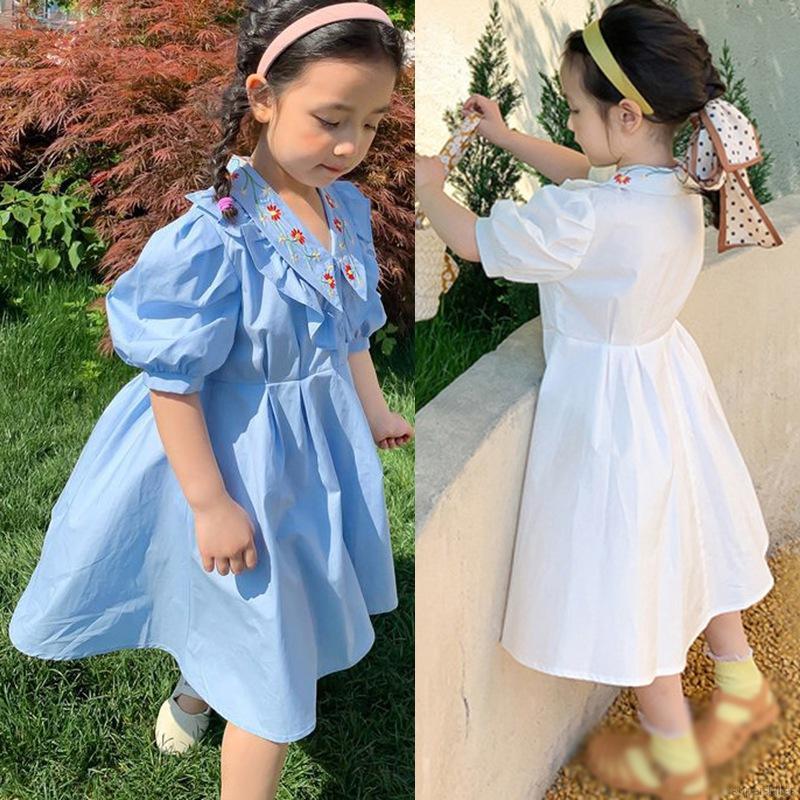 Váy tay phồng thêu hoa đáng yêu xinh xắn dành cho bé gái 2-7 tuổi