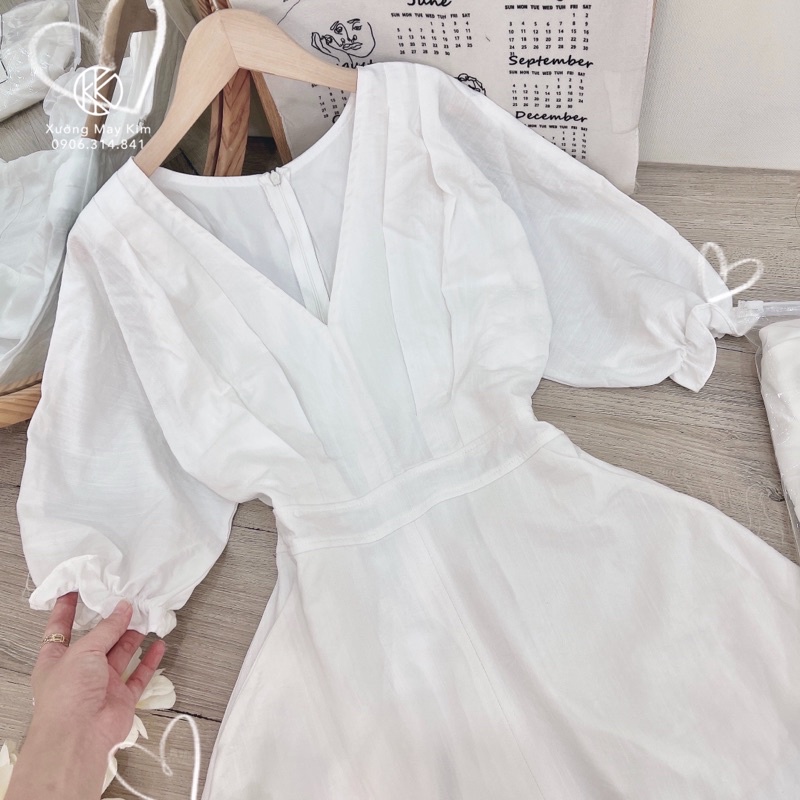 [Hàng sẵn - Hình thật] Đầm midi trắng cổ v tay bồng li eo sang chảnh
