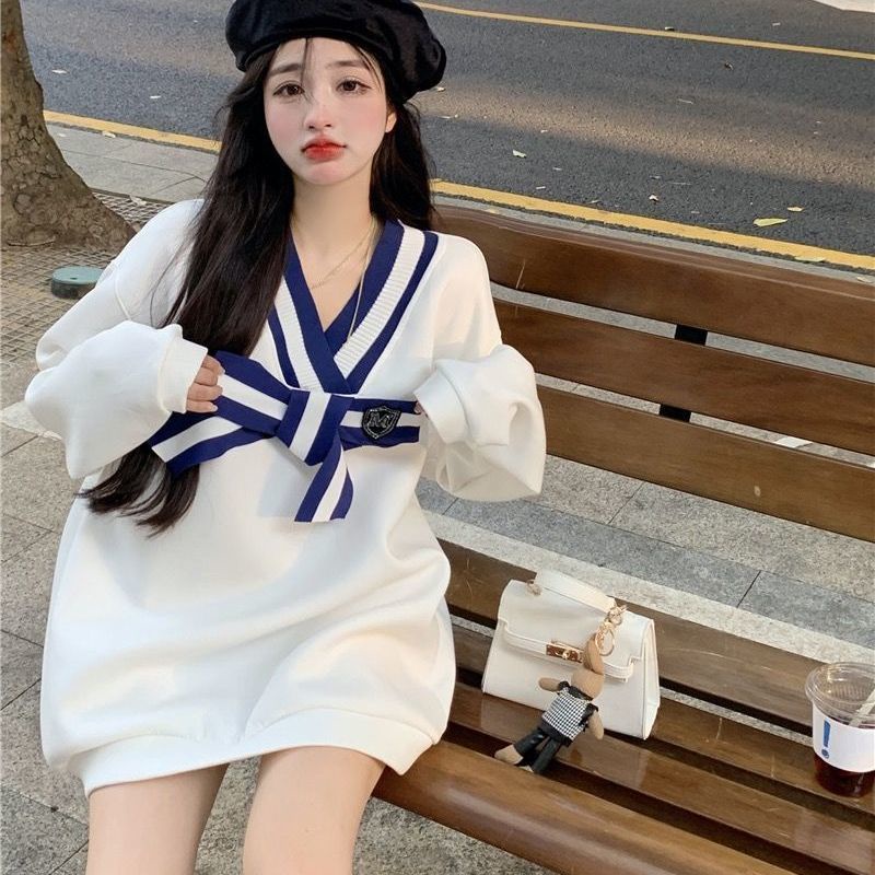 COZOK Áo sweater dáng rộng đính nơ kiểu Hàn Quốc dễ thương