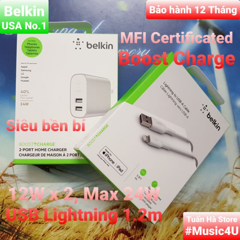 Củ dây cáp sạc nhanh Belkin 24W USB Lightning Iphone 6 7 8 X Tuấn Hà Store