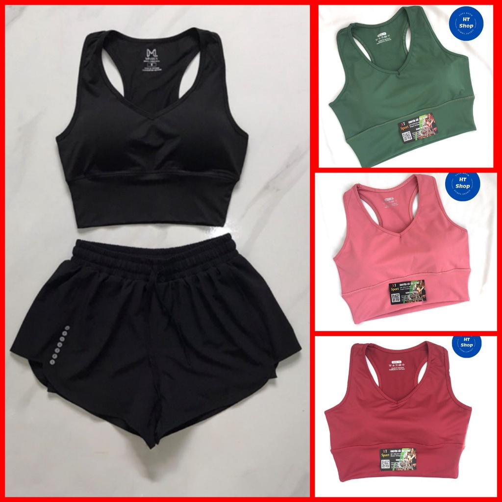 Bộ tập gym nữ, đồ tập gym aerobic nữ chất đẹp thấm hút mồ hôi tốt bra cổ tim kết hợp quần đùi 2 lớp
