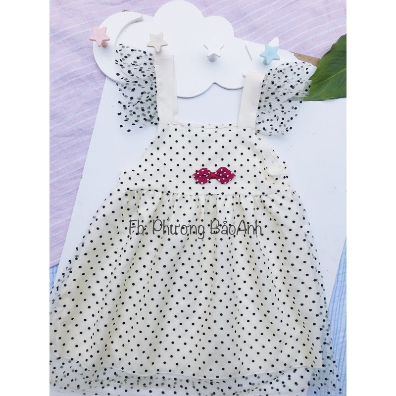 Váy 2 dây tay lưới bèo chấm bi,chất vải lụa mỏng_nhẹ_mát cho bé gái từ 8kg đến 17kg