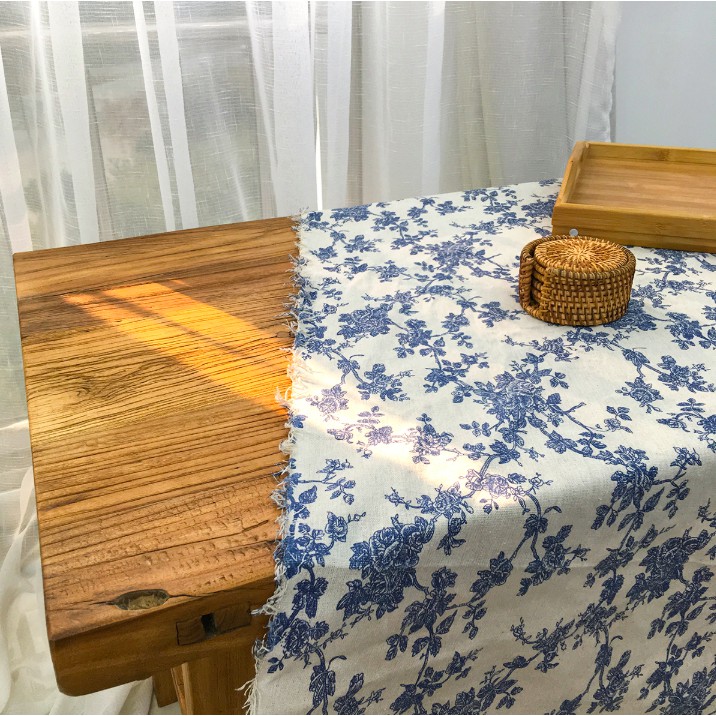 Khăn trải bàn trang trí hoa xanh Retro, thảm vải canvas picnic, vải nền chụp ảnh - Décor nhà Sò