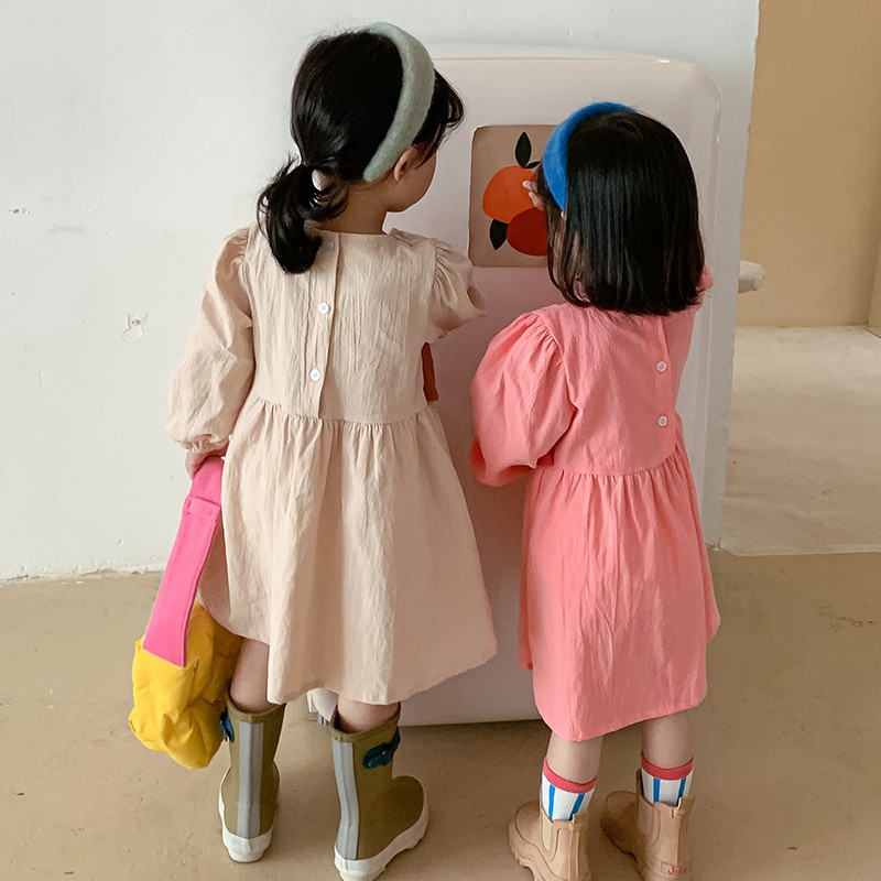 Đầm Công Chúa Tay Dài Giả Hai Lớp Bằng Cotton Và Vải Lanh Màu Sắc Tương Phản Phong Cách Hàn Quốc Dành Cho Bé Gái
