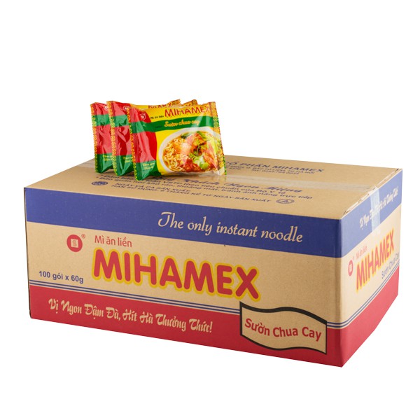 Thùng 100 gói mì MIHAMEX_ HV Sườn Chua Cay  ăn liền hảo ba gói tôm miền hảo muối chấm khô xào đại