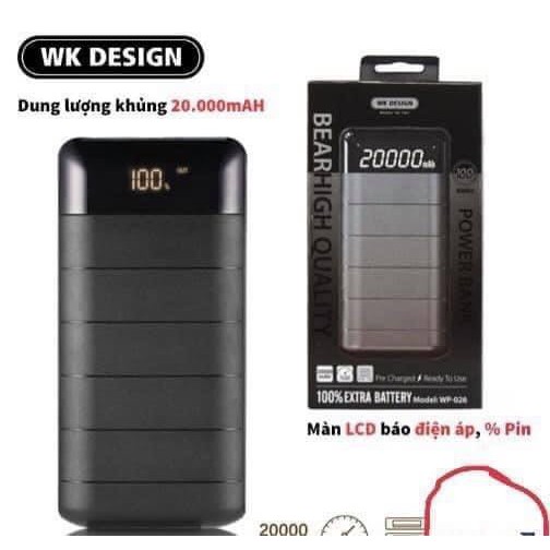 Cục Sạc pin dự phòng đèn WK dung lượng 20000 mAh dùng cho iphone, samsung, xiaomi
