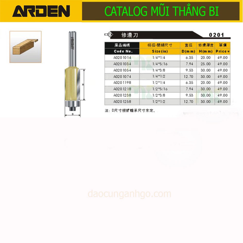 ARDEN - Mũi phay cạnh thẳng bạc đạn 6mm-12mm
