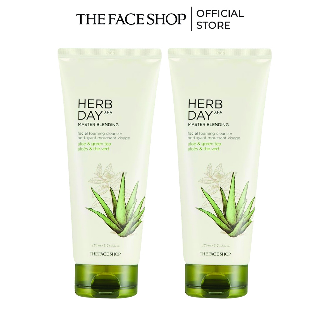 Combo 2 Sữa Rửa Mặt Tạo Bọt Thefaceshop Herb Day 365 Master Blending Aloe&Greentea 170Mlx2