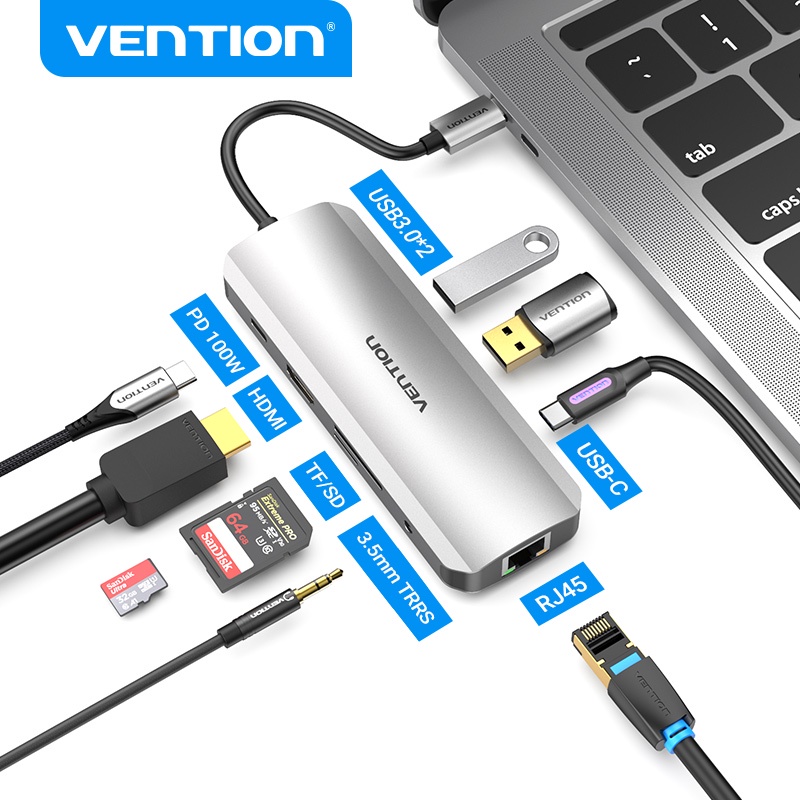 Bộ chuyển đổi USB type C Vention với 4K HDMI 3 USB 3.0 Gigabit RJ45 Ethernet cho MacBook Pro